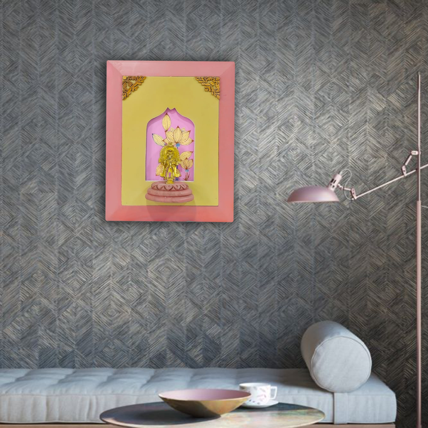 Brass Horse Rider on a Wooden Stand with Beautiful Painting in The Background