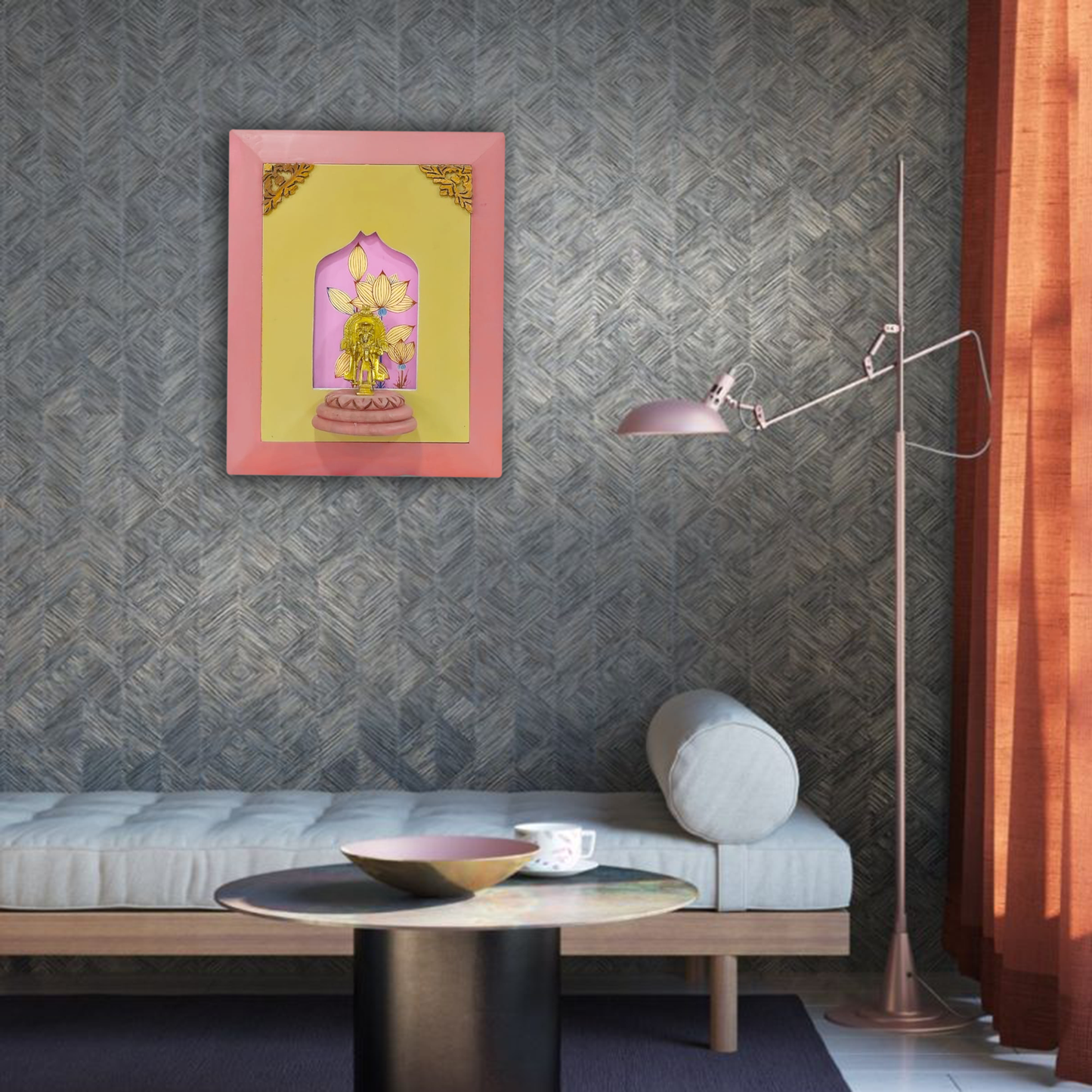 Brass Horse Rider on a Wooden Stand with Beautiful Painting in The Background