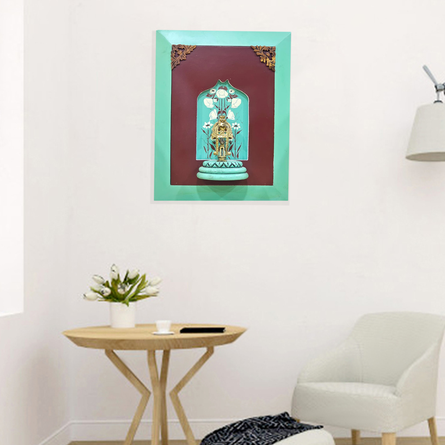 Brass Horse Rider on a Wooden Stand with Beautiful Painting in The Background