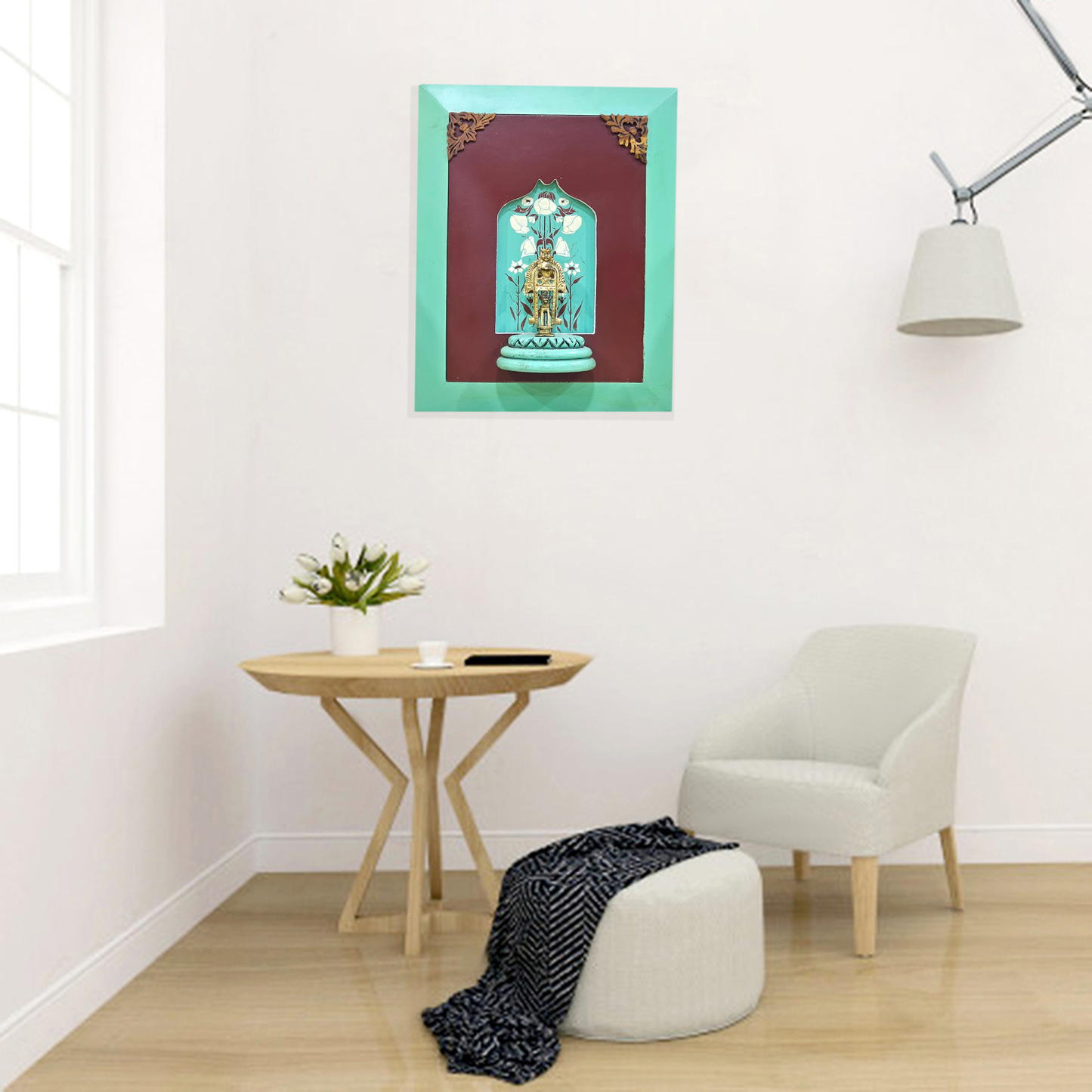 Brass Horse Rider on a Wooden Stand with Beautiful Painting in The Background