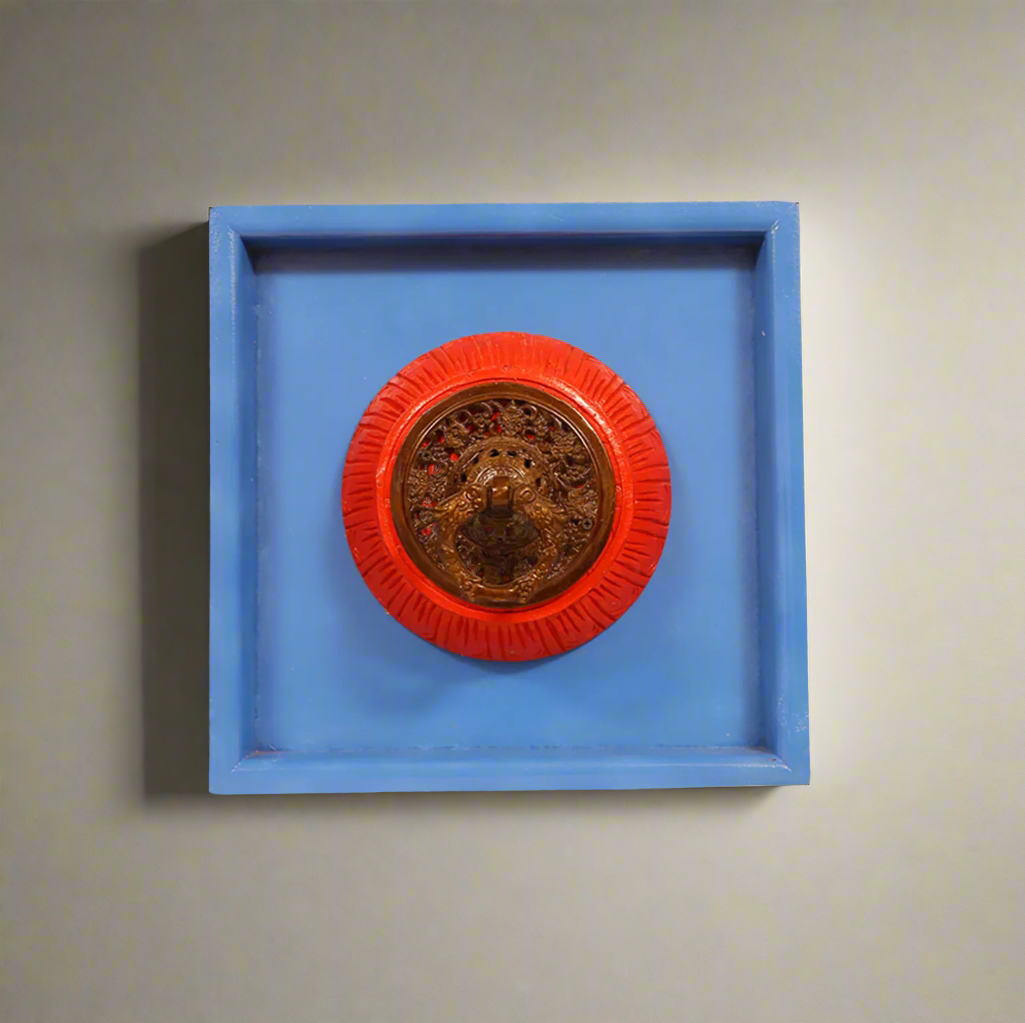 Ornate Round Tibetan Brass Door Knocker with Dragons in a Wooden Frame