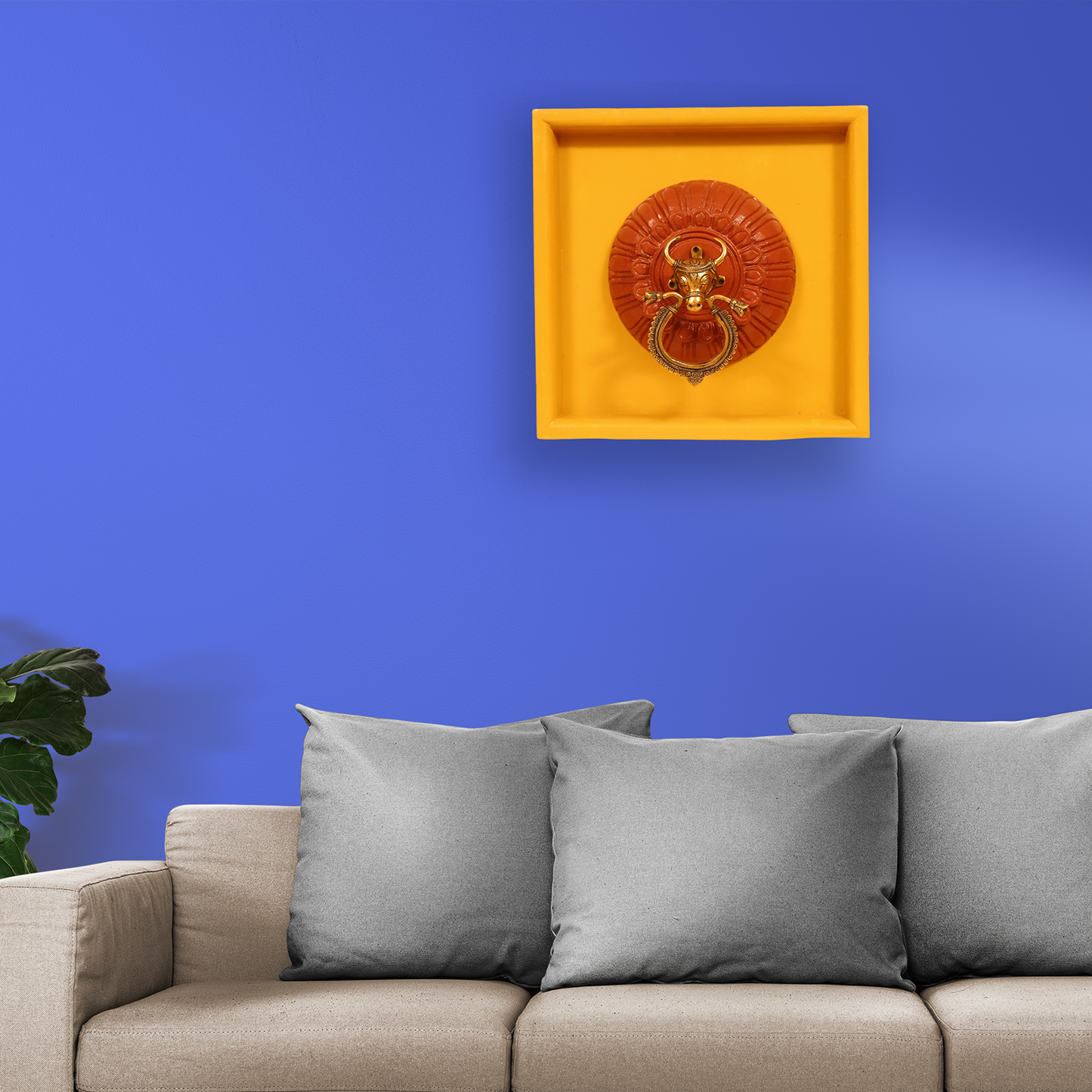 Brass Bull Door Knocker in Wooden Frame