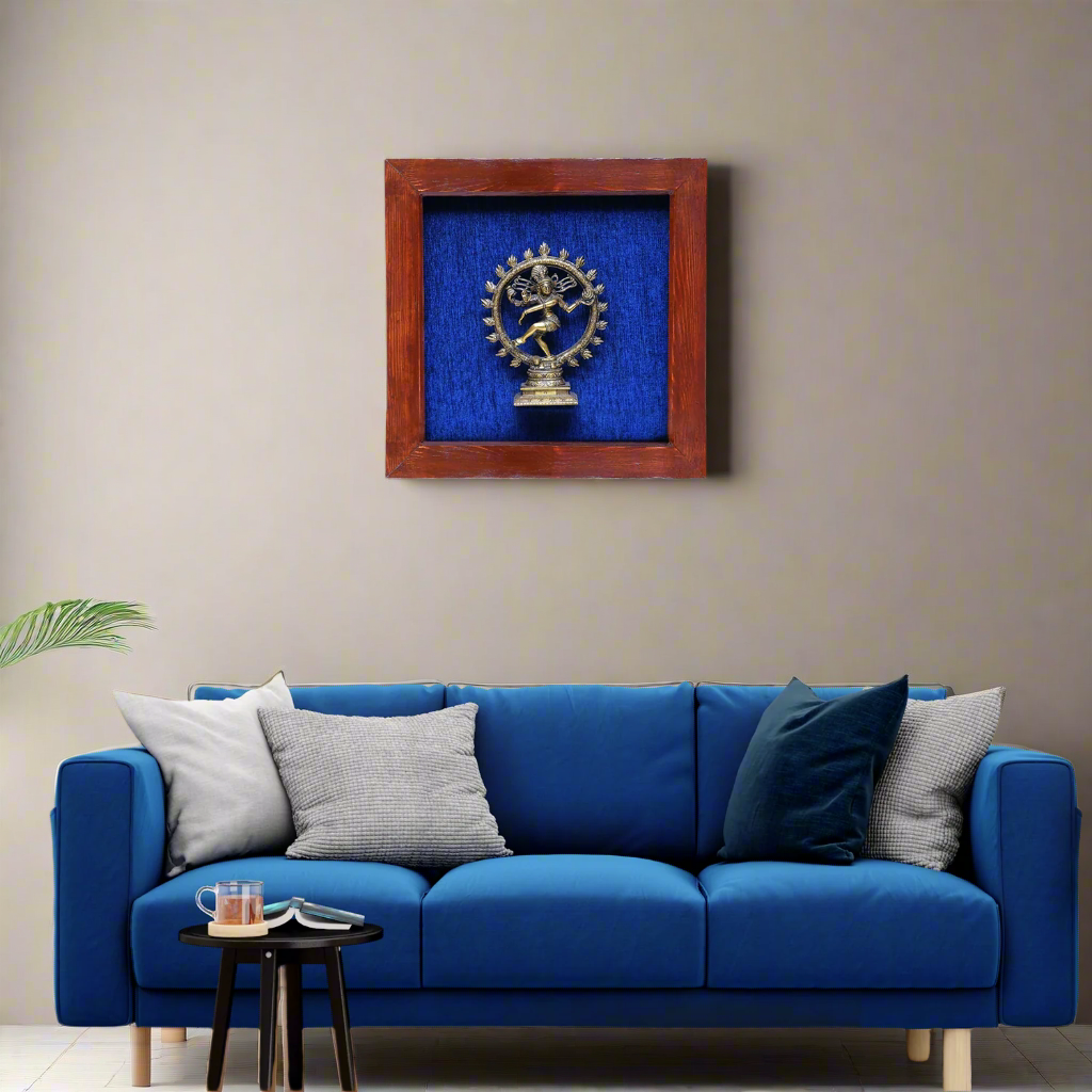 Brass Nataraja in Wooden Frame with Blue Background