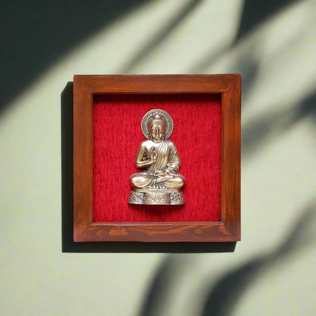 Brass Gautam Buddha in Wooden Frame with Red Background