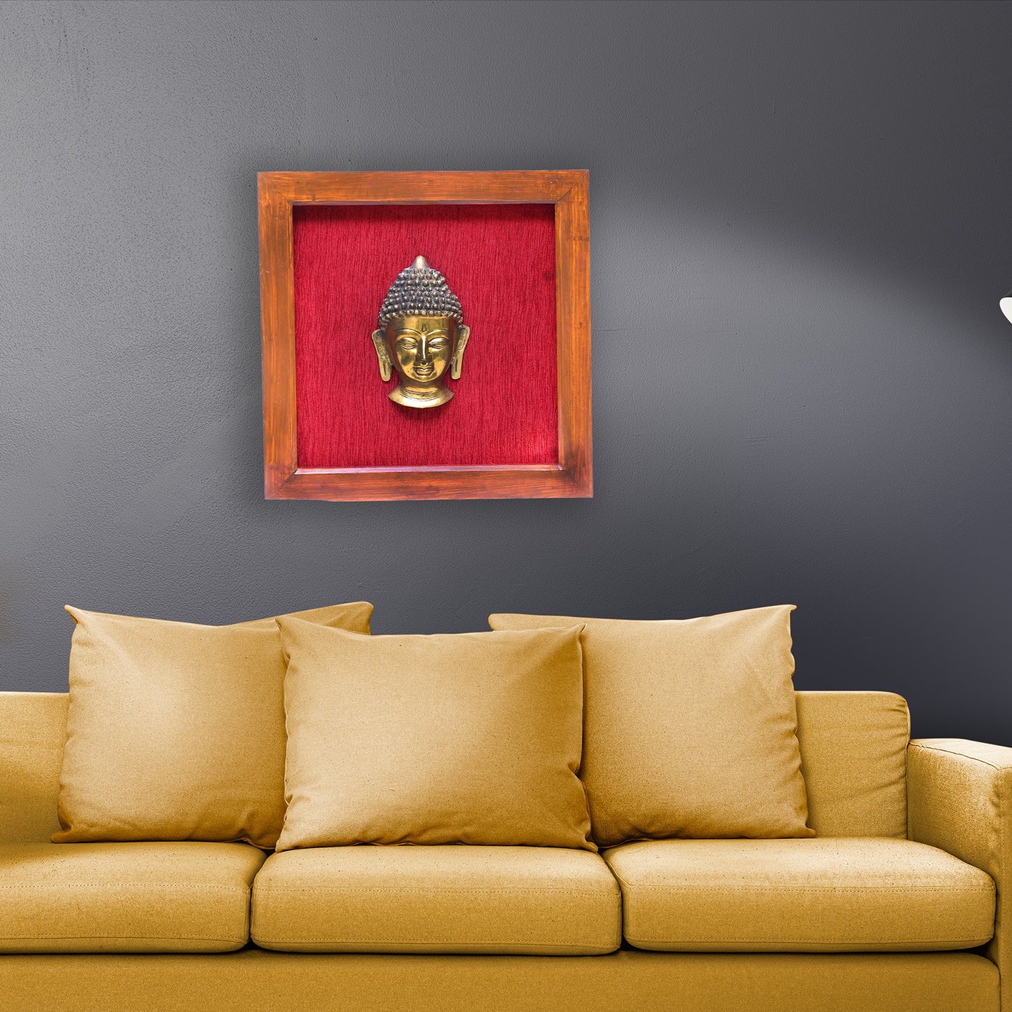 Brass Buddha Face Art in Wooden Frame