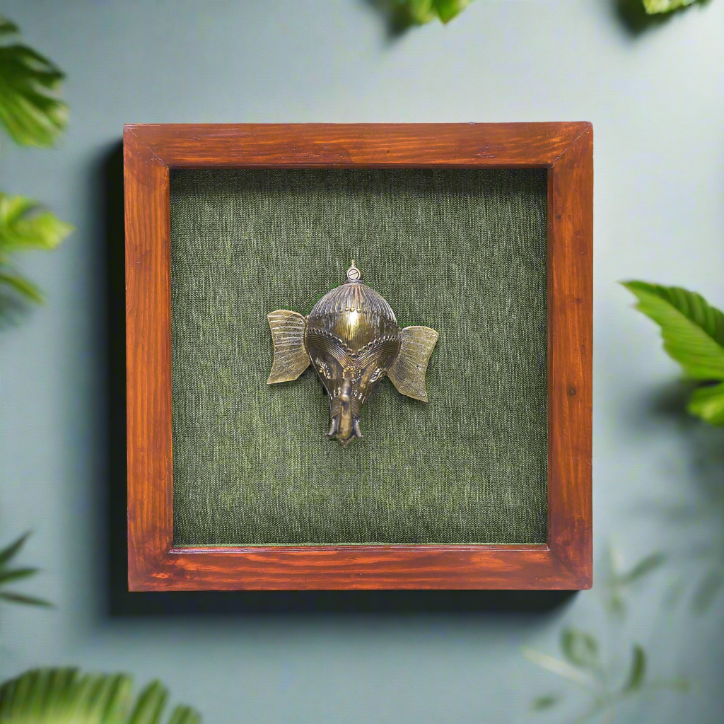 Brass Elephant Head Wooden Wall Frame