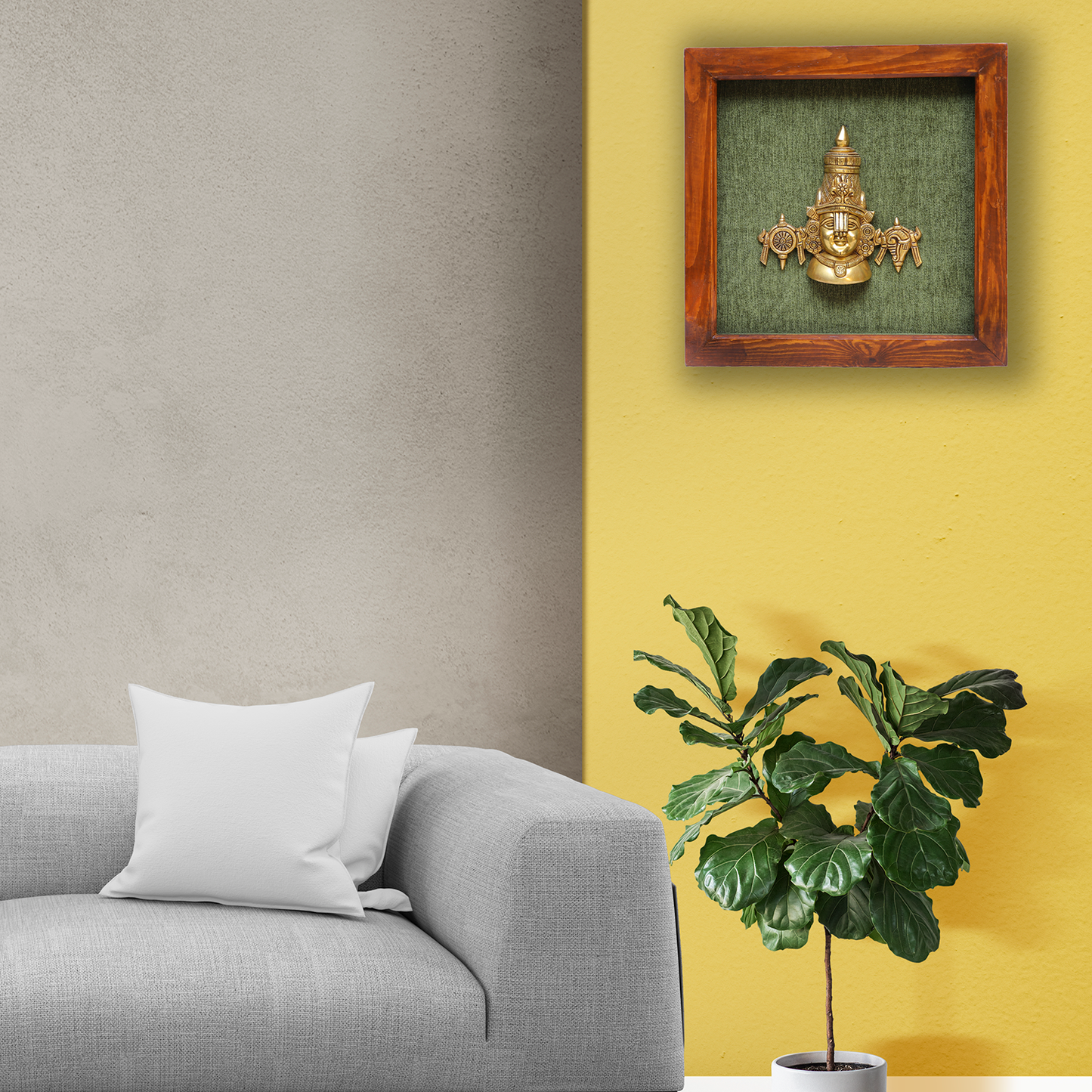 Brass Balaji with Shank and Chakra in Wooden Frame
