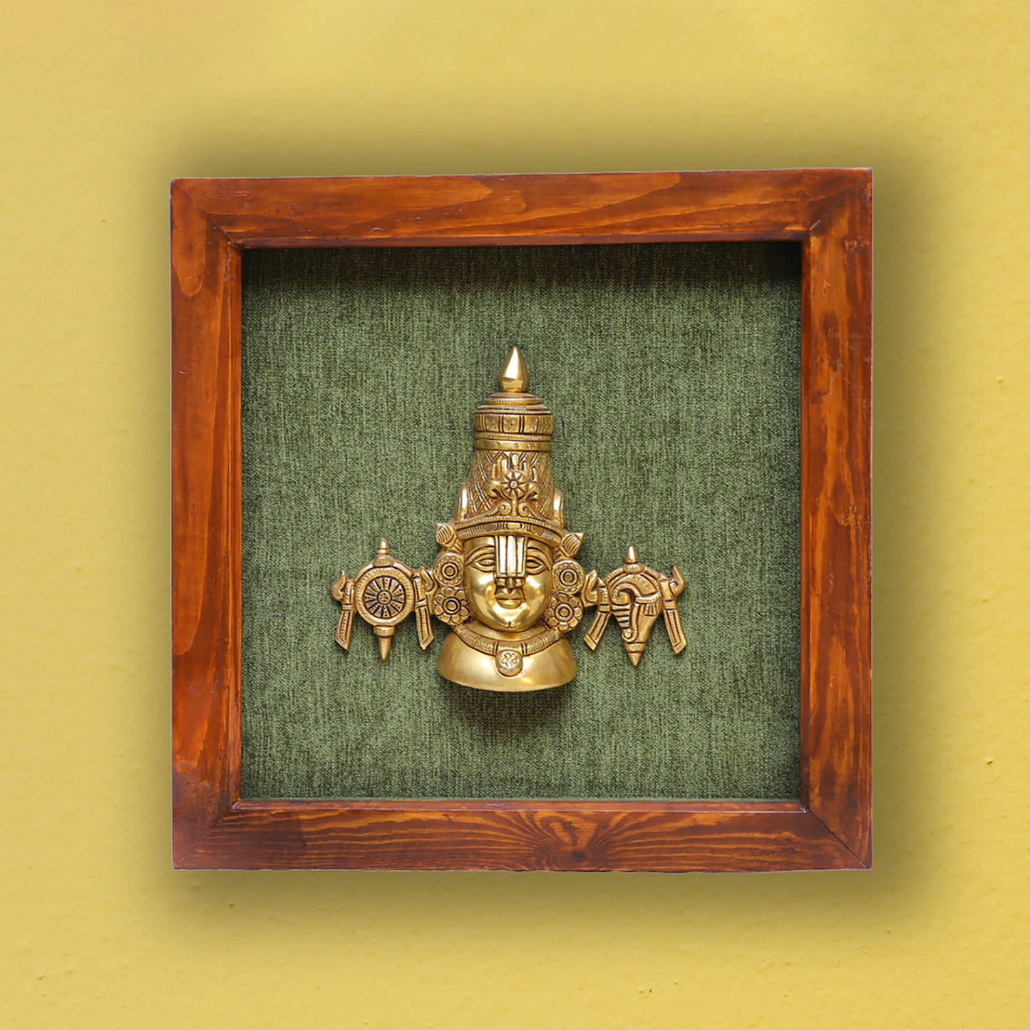 Brass Balaji with Shank and Chakra in Wooden Frame