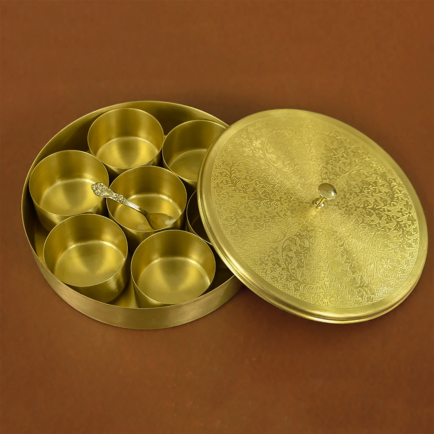 Brass Engraved Masala Box with Spoon