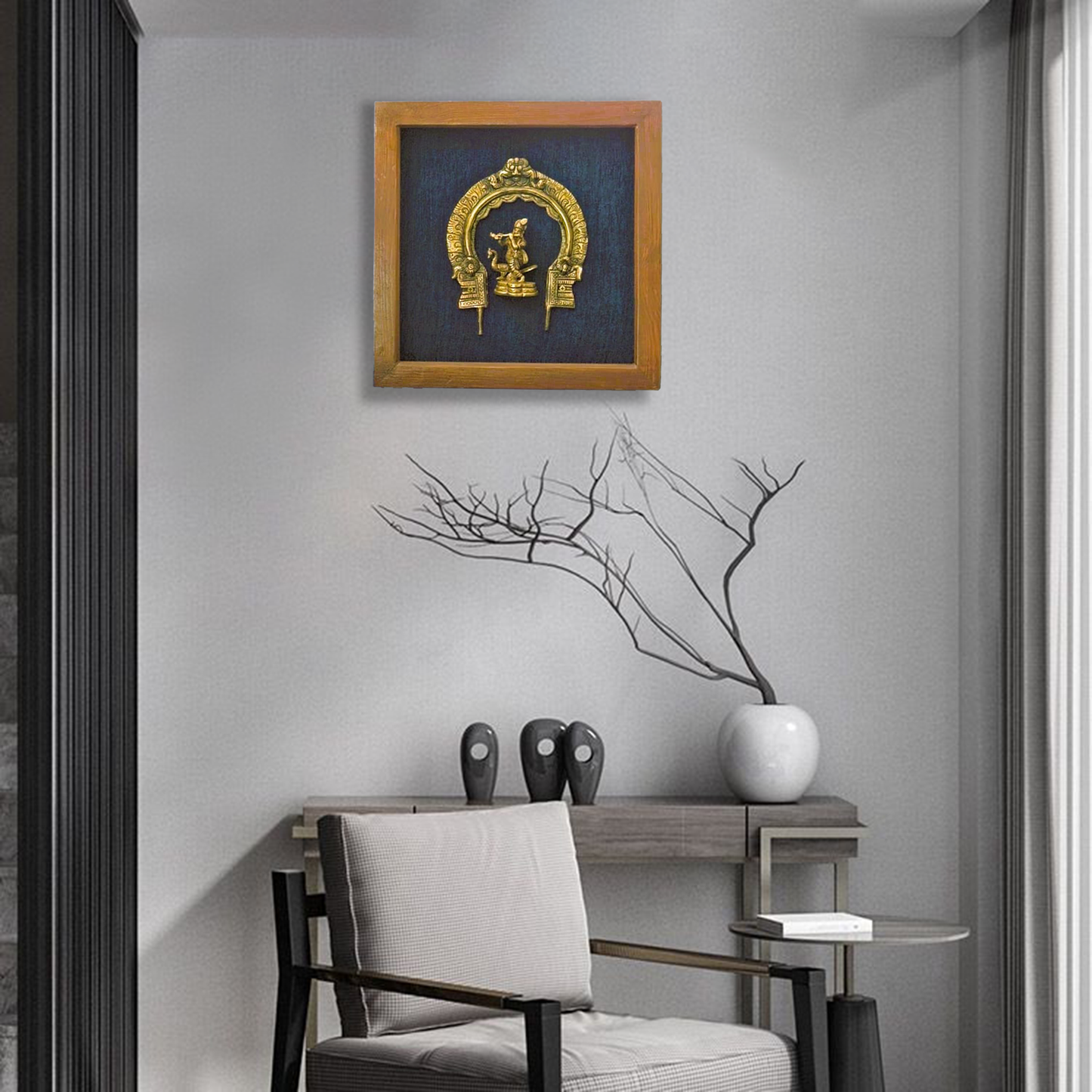 Divine Brass Framed Prabhavali with Dancing Krishna on Blue Background