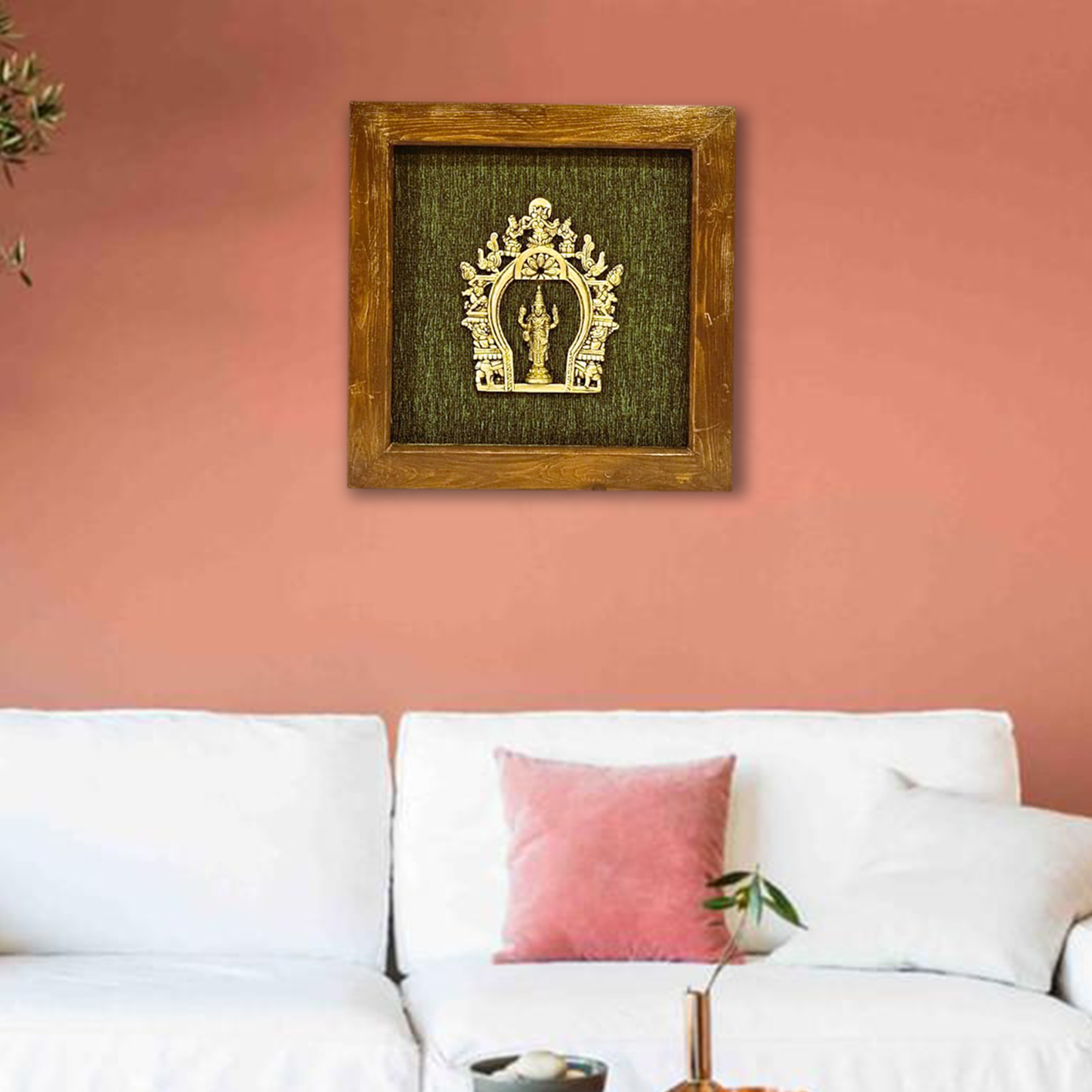 Divine Brass Framed Prabhavali with Balaji on Green Background