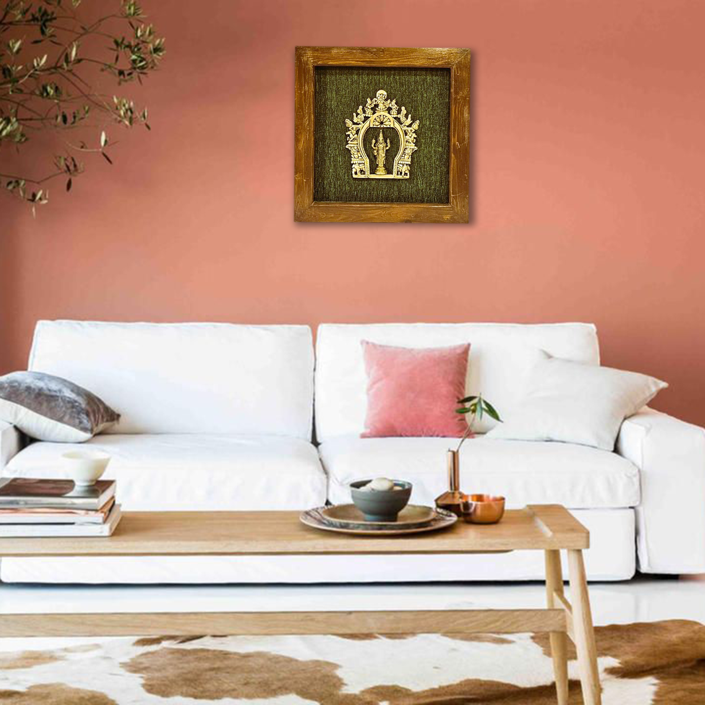 Divine Brass Framed Prabhavali with Balaji on Green Background