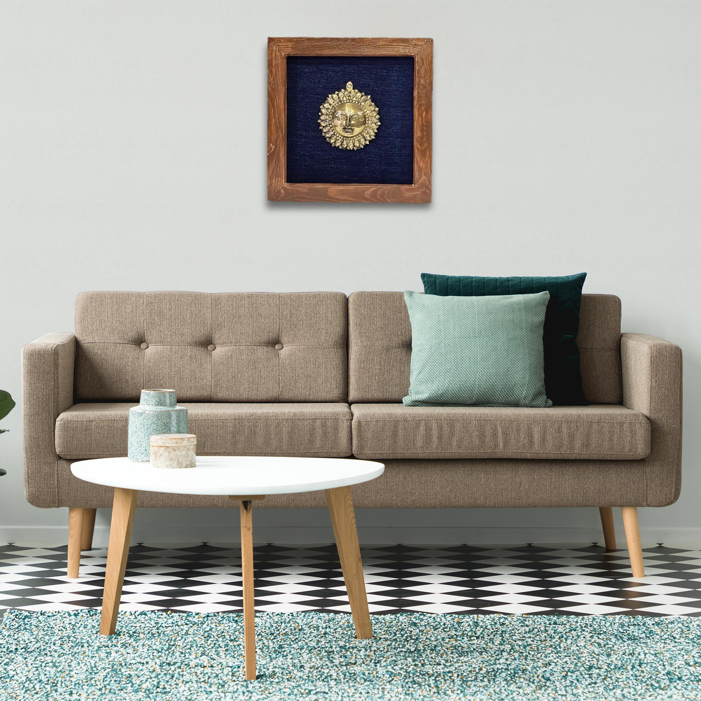 Divine Brass Framed Prabhavali with Surya Narayana on Blue Background