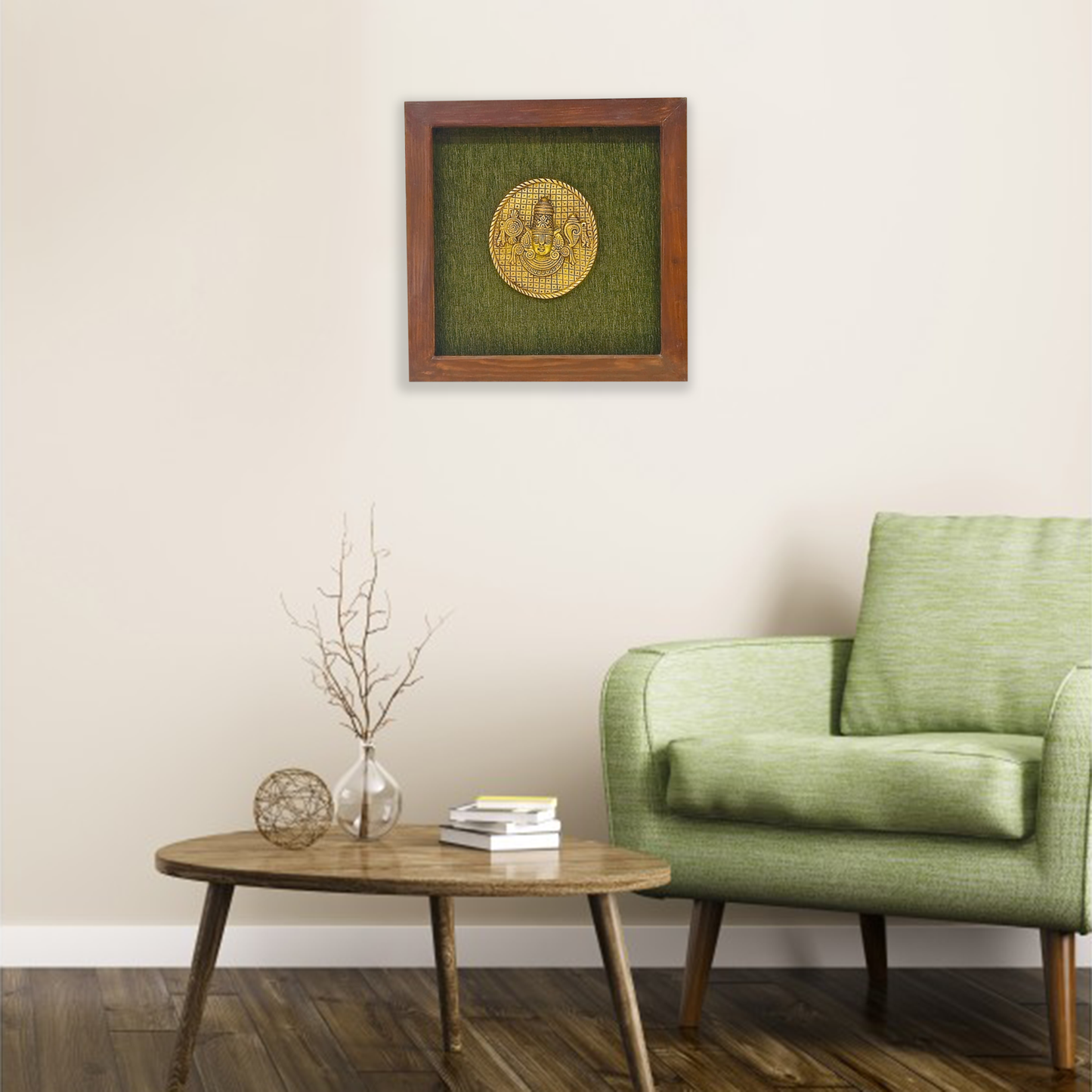 Lord Venkateshwara Face Art in Brass, Encased in Wooden Frame with Green Background