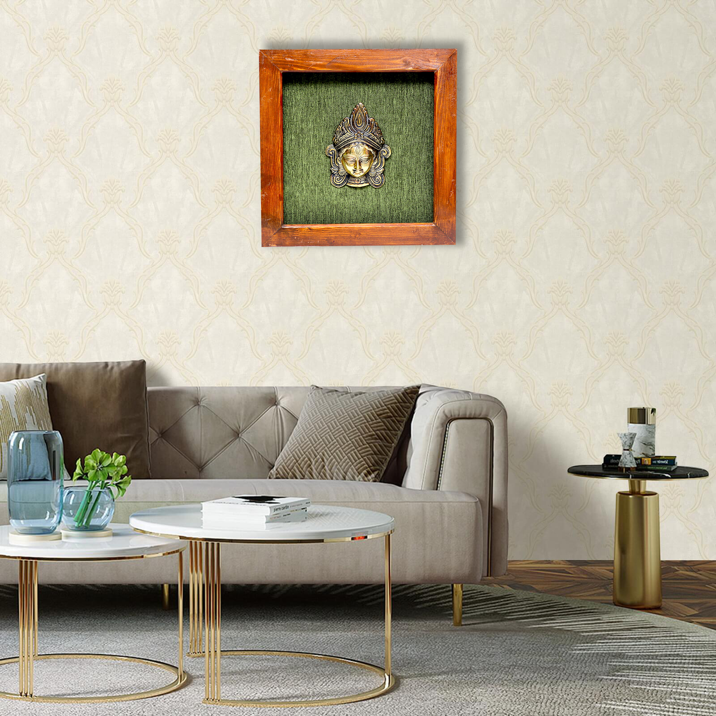 Ma Durga Face Art in Brass, Captured in a Wooden Frame with Green Background