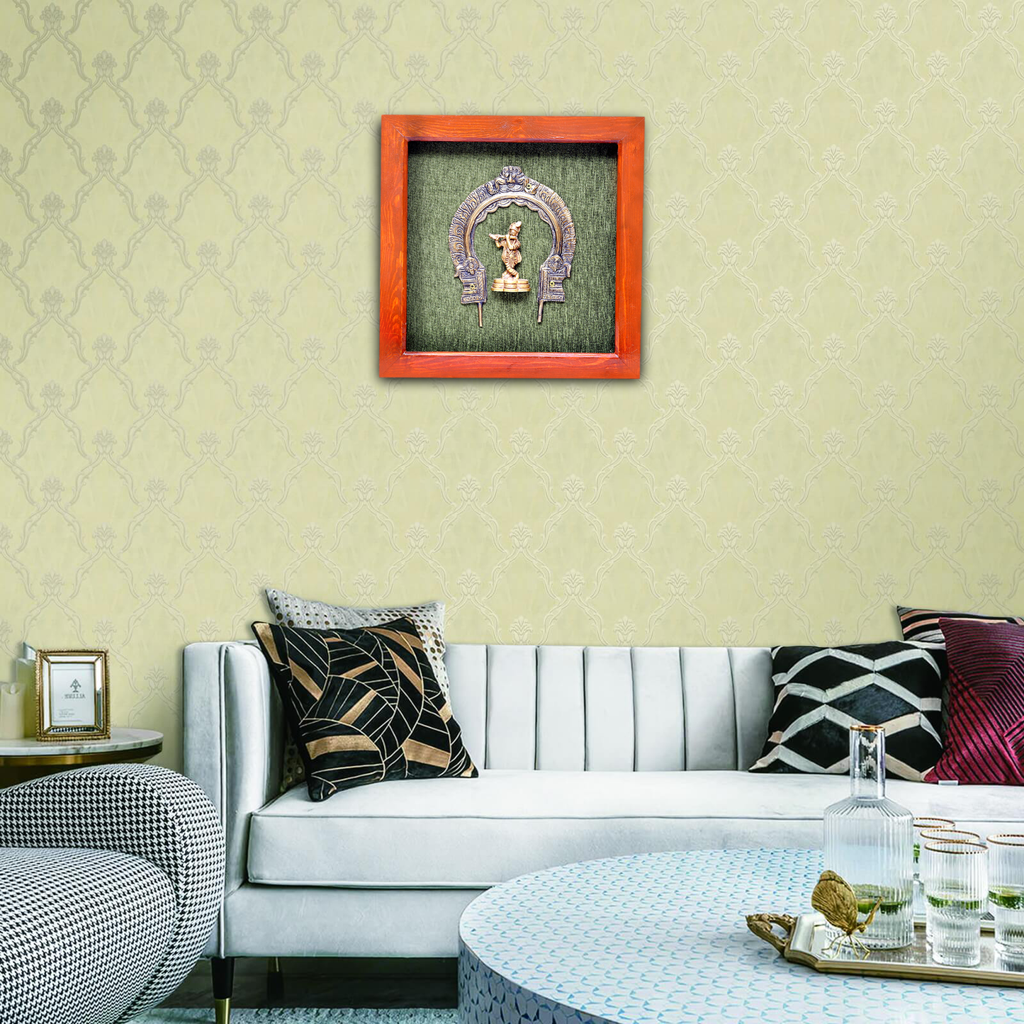 Divine Brass Framed Prabhavali featuring Dancing Krishna on Green Background