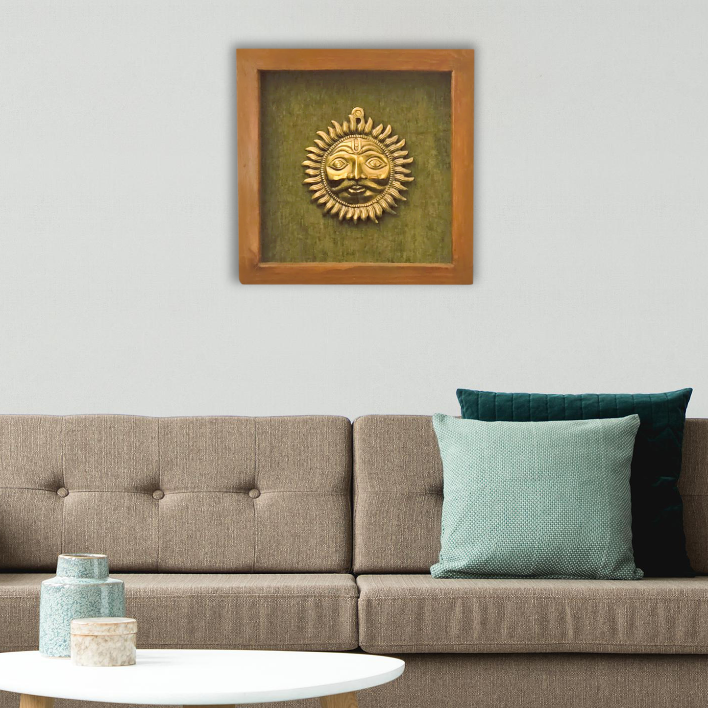Wooden Frame Adorned with Brass Surya Narayana