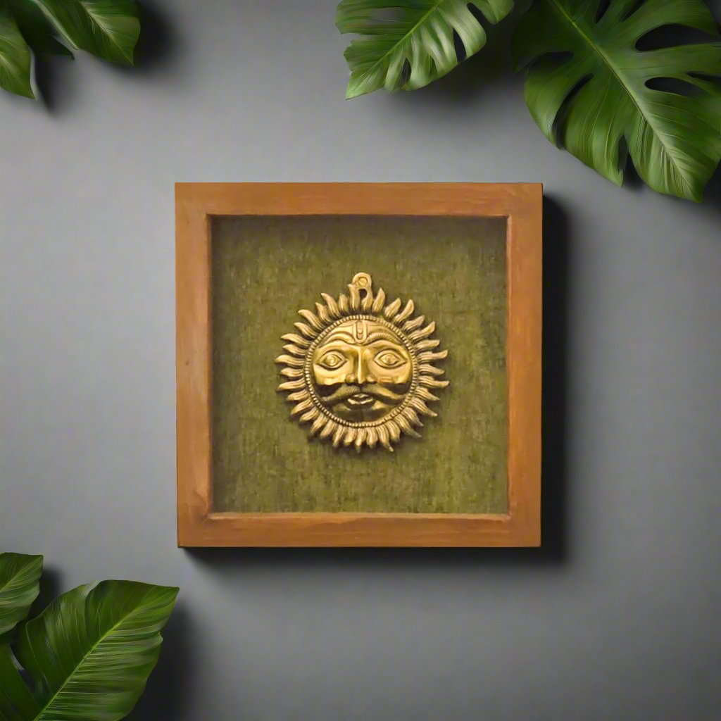 Wooden Frame Adorned with Brass Surya Narayana