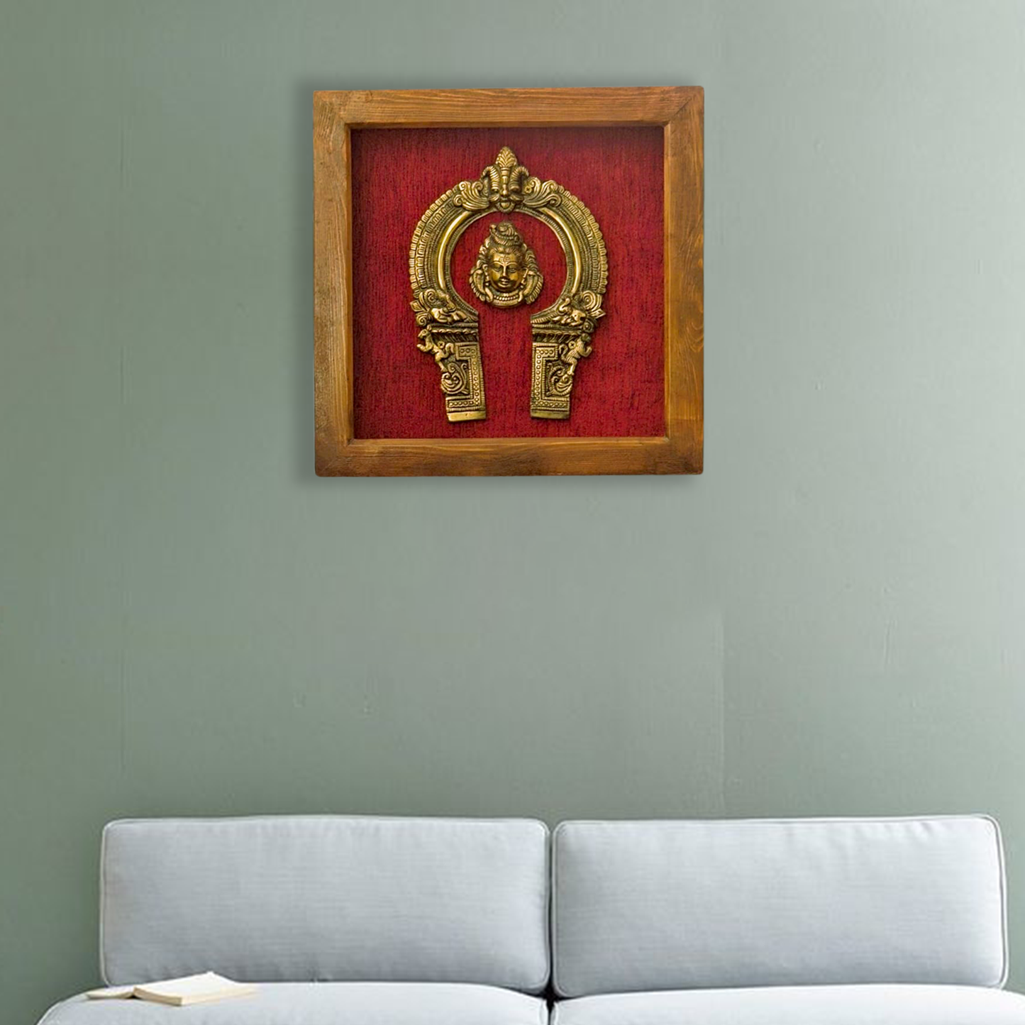 Divine Brass Framed Prabhavali with Lord Shiva Face on Red Background
