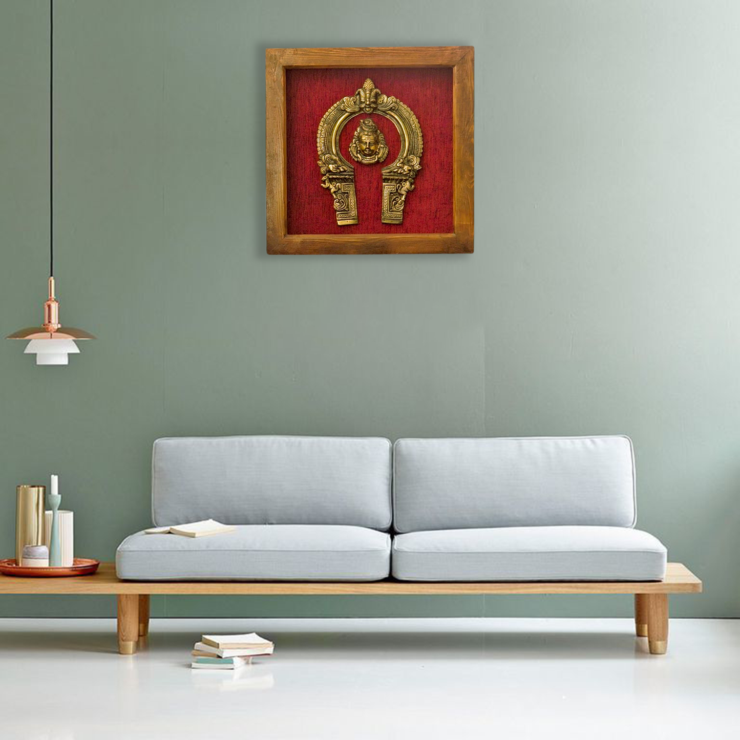 Divine Brass Framed Prabhavali with Lord Shiva Face on Red Background