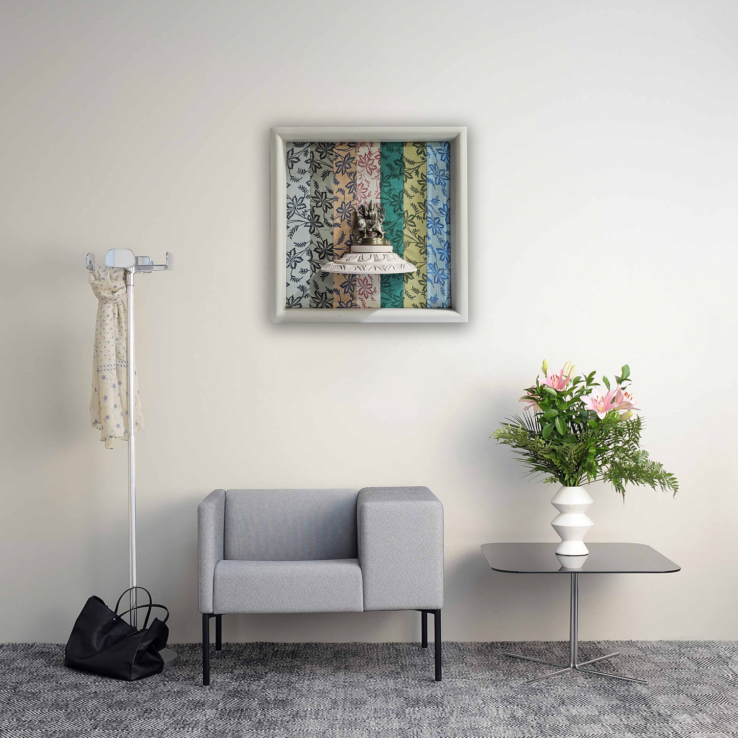 Goddess Durga Brass Statue Enhanced by Artisan Wooden Craft and Designed Cloth Background