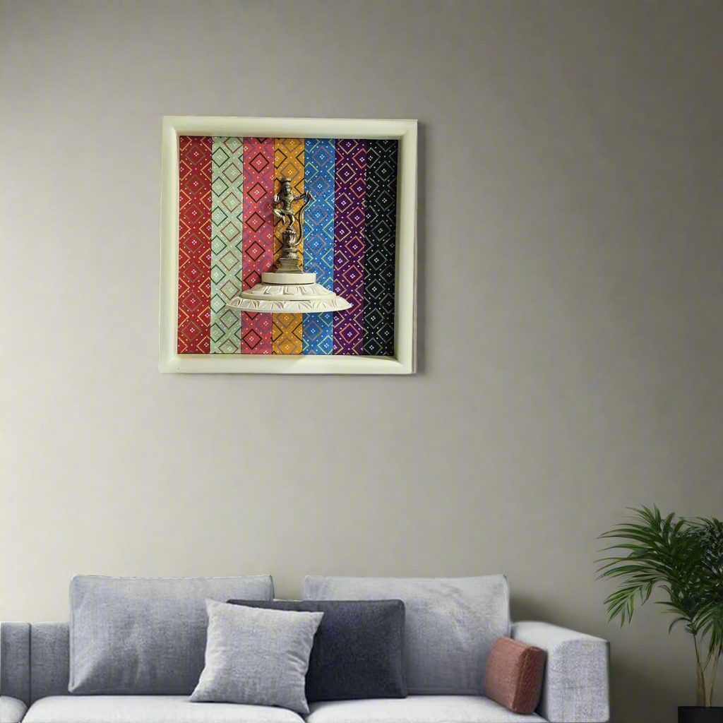 Dancing Sri Krishna on Sheshanag Brass Statue, Enriched by Artisan Wooden Craft and Designed Cloth Background