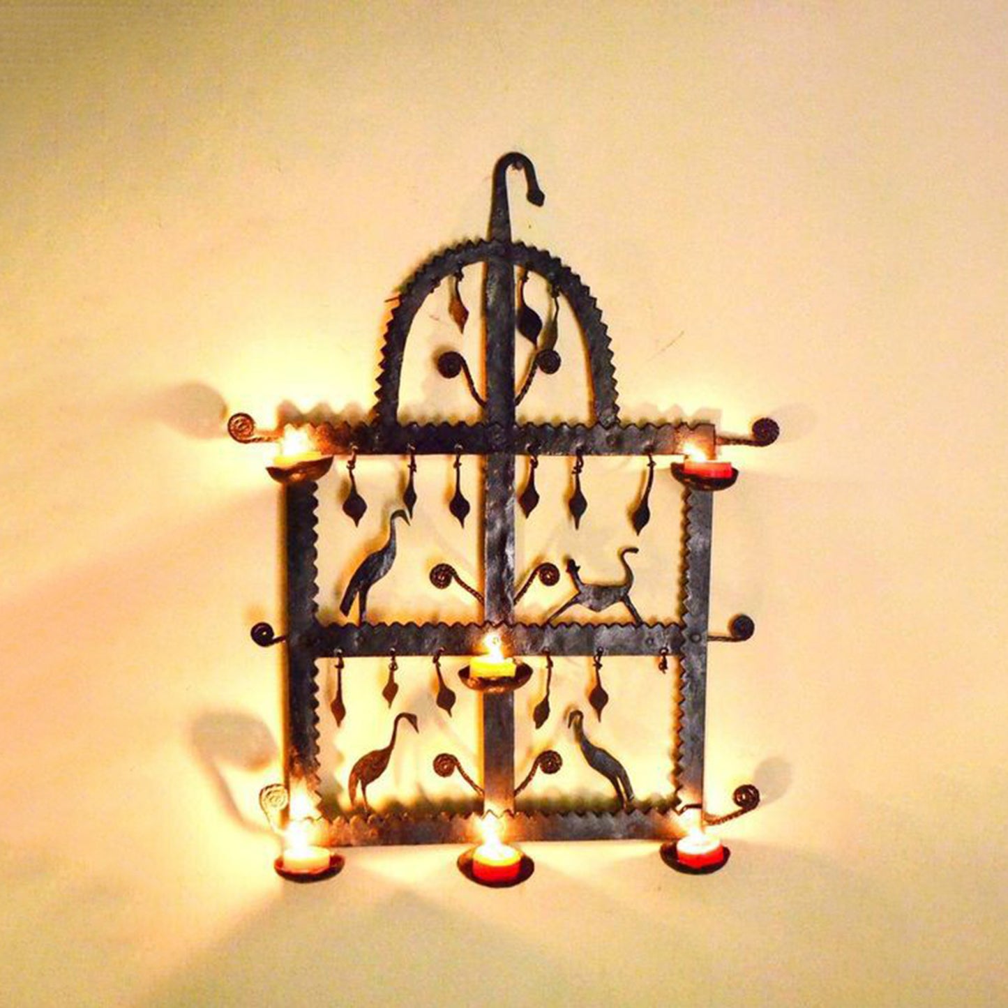 Wrought Iron Tea Light Holder Tribal Wall Hanging