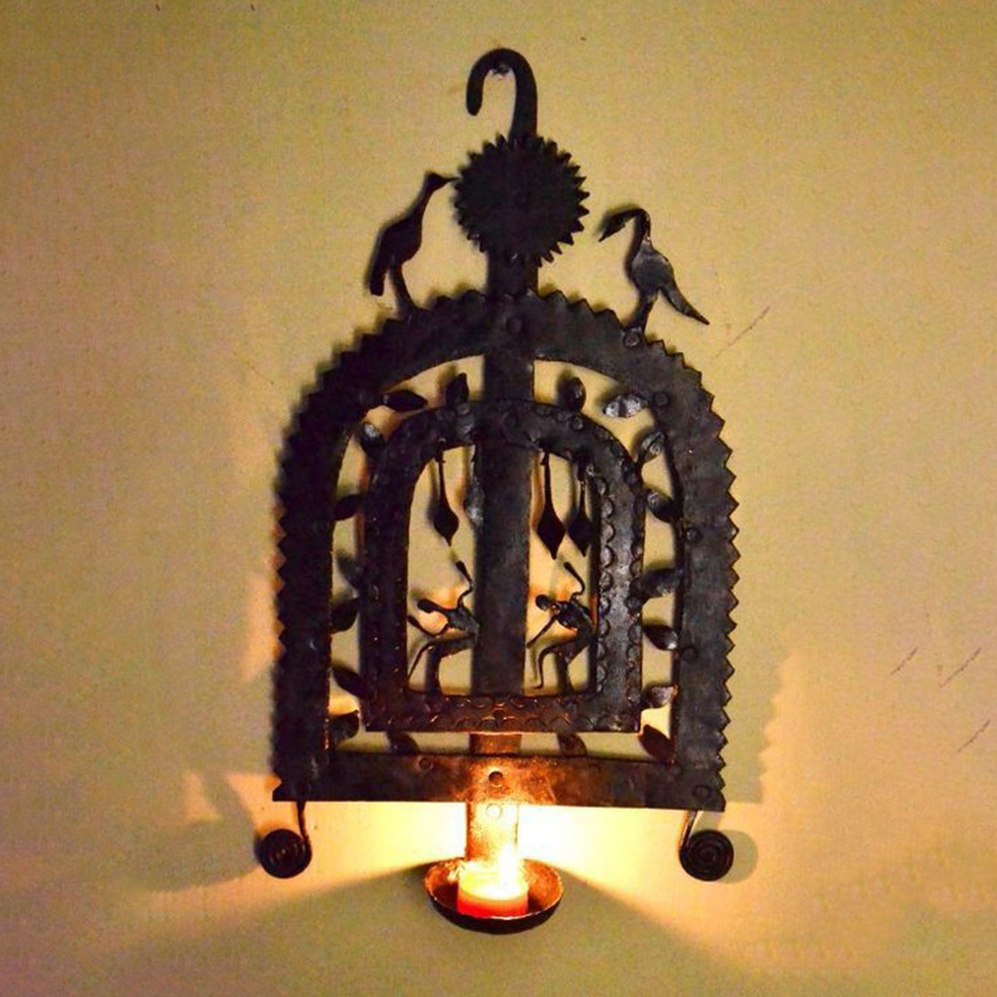 Wrought Iron Tea Light Holder Tribal Wall Hanging