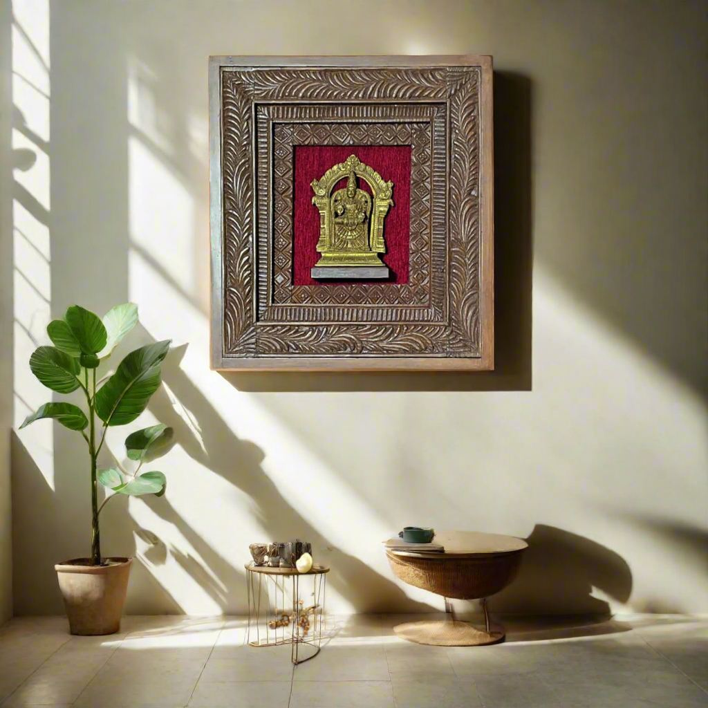 Brass Meenakshi Devi Figurine in Wooden Frame