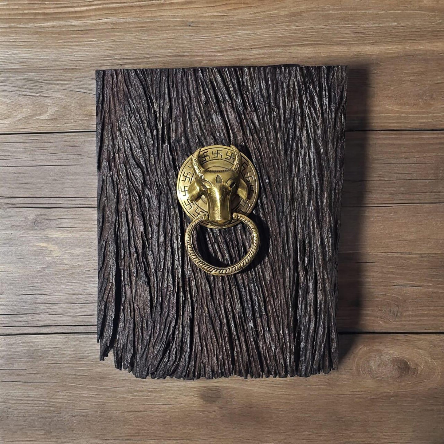 Vintage Brass Bull Door Knocker in Handcrafted Wooden Wall Frame
