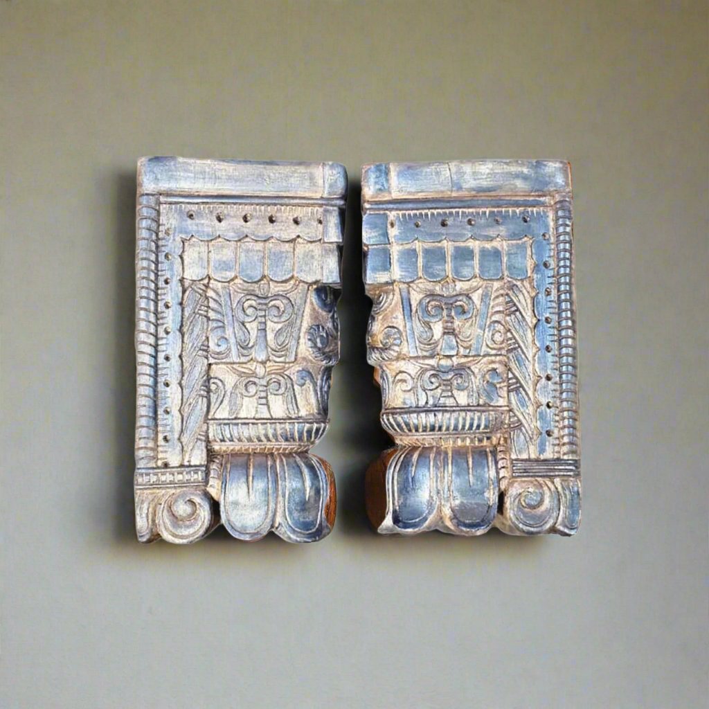 Handcrafted Blue Wooden Wall Bracket - Pair