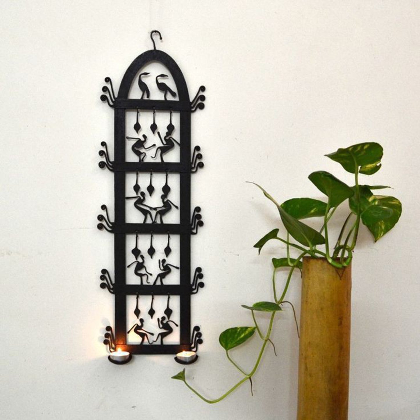Wrought Iron Tribal Wall Hanging 2-Tea Light Holder: Artistic Fusion for Your Walls
