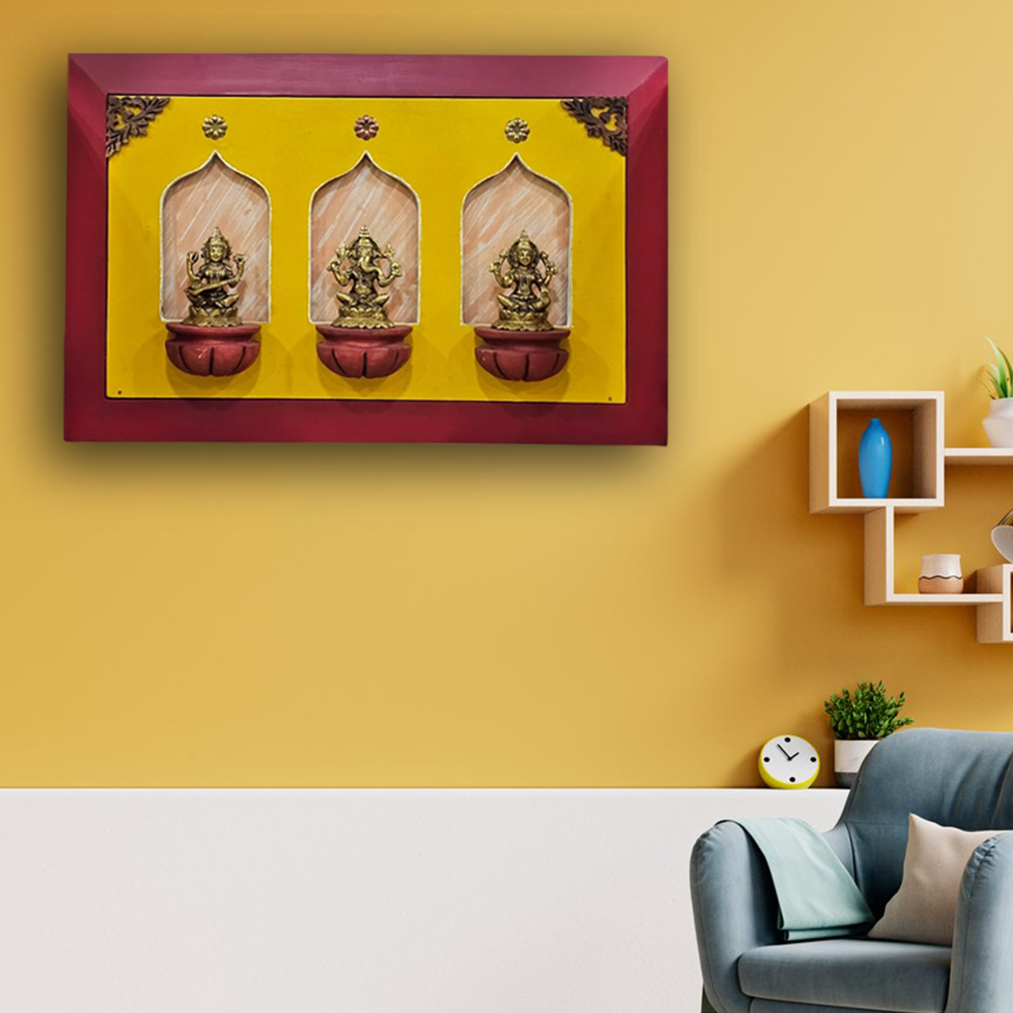 Brass Idols of Sarasvati, Ganesh, and Lakshmi with Stunning Wooden Frame Background Painting