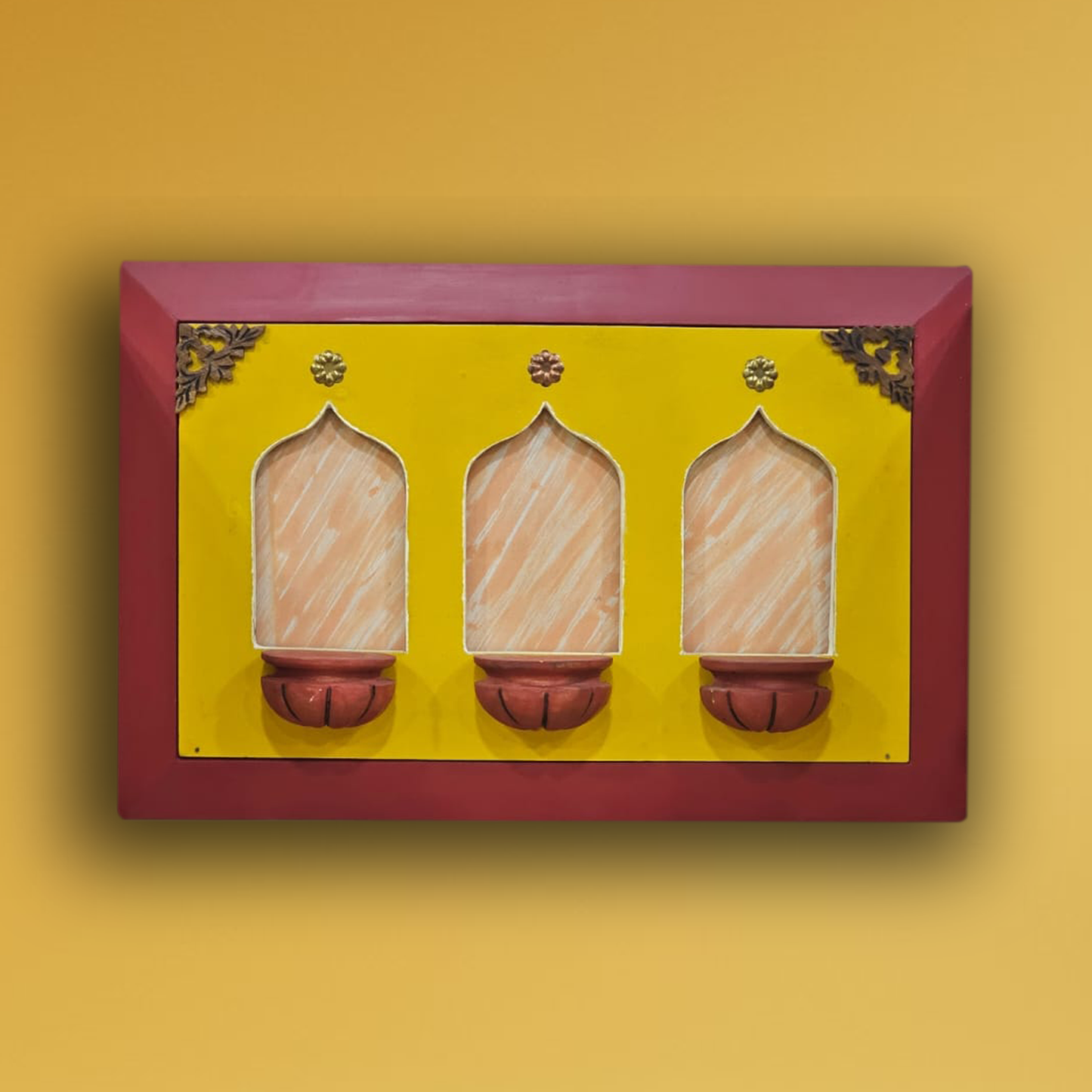 Brass Idols of Sarasvati, Ganesh, and Lakshmi with Stunning Wooden Frame Background Painting