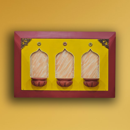 Brass Idols of Sarasvati, Ganesh, and Lakshmi with Stunning Wooden Frame Background Painting