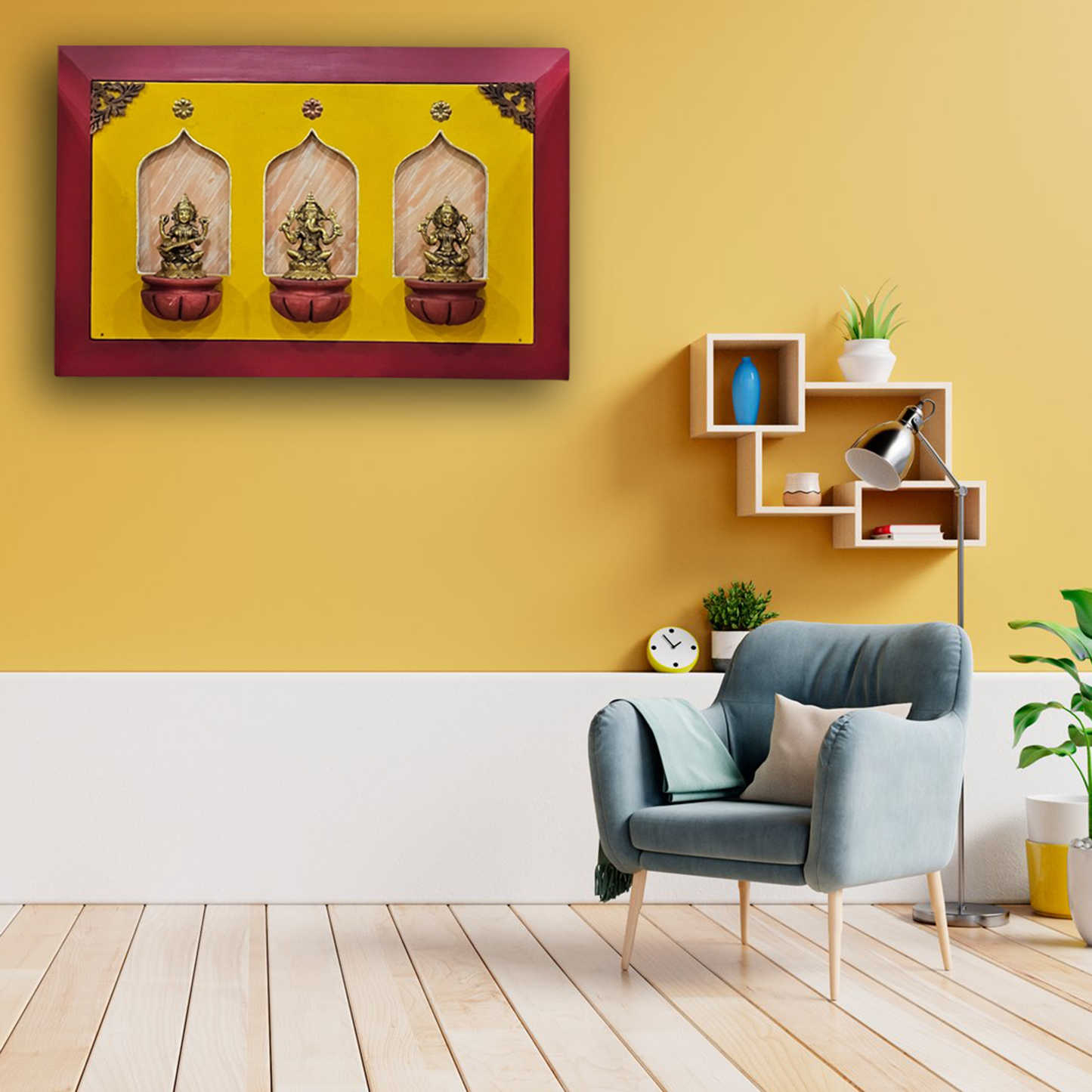 Brass Idols of Sarasvati, Ganesh, and Lakshmi with Stunning Wooden Frame Background Painting