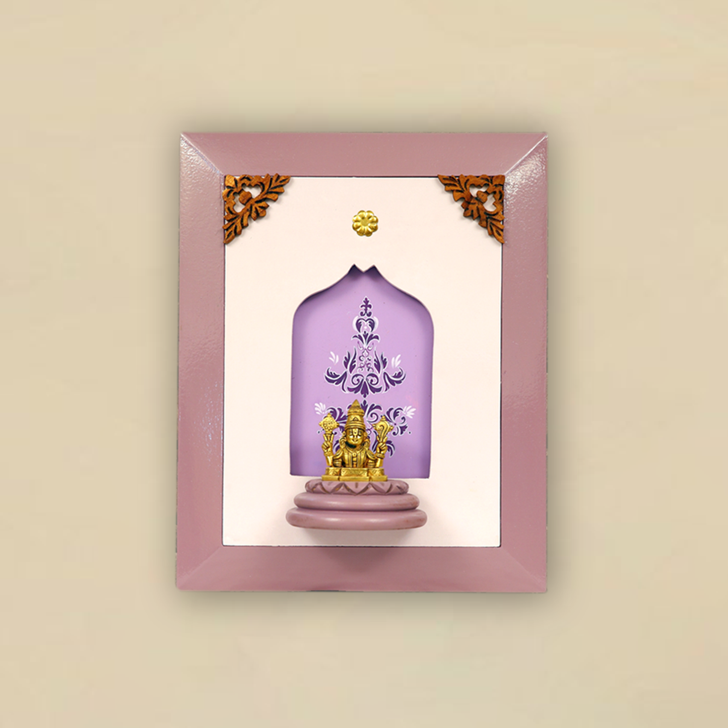 Lord Balaji Brass Face Idol with Shank and Chakra in Wooden Frame