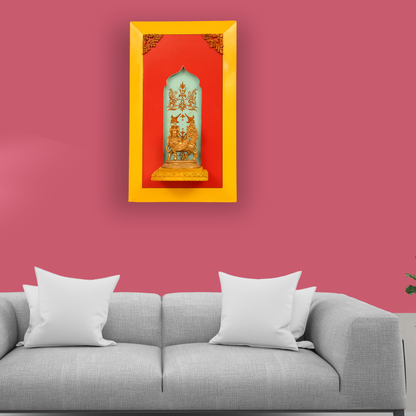Brass Kamdhenu on a wooden stand with a beautiful painting in the background