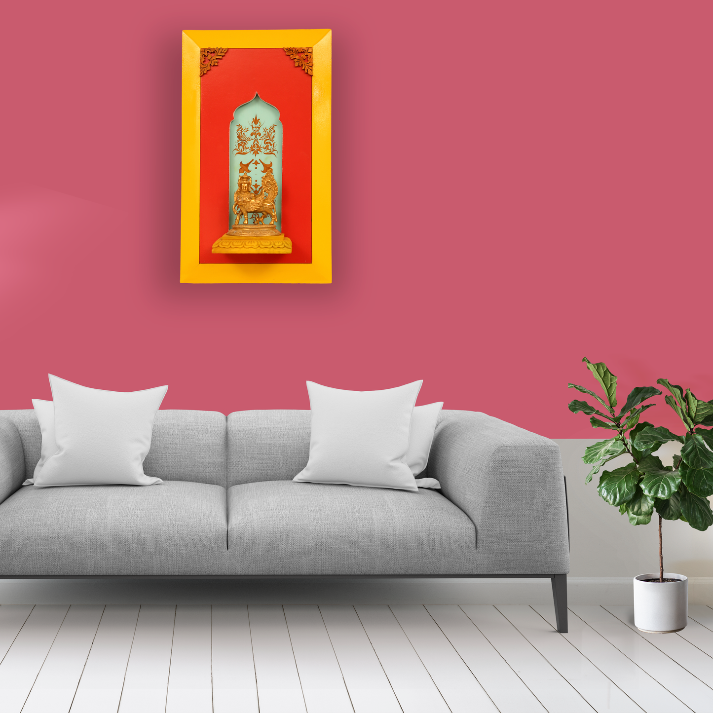 Brass Kamdhenu on a wooden stand with a beautiful painting in the background