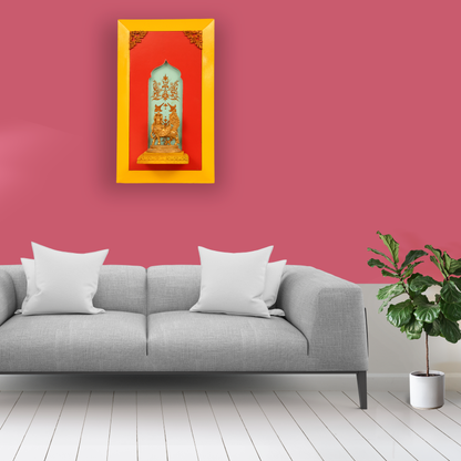 Brass Kamdhenu on a wooden stand with a beautiful painting in the background