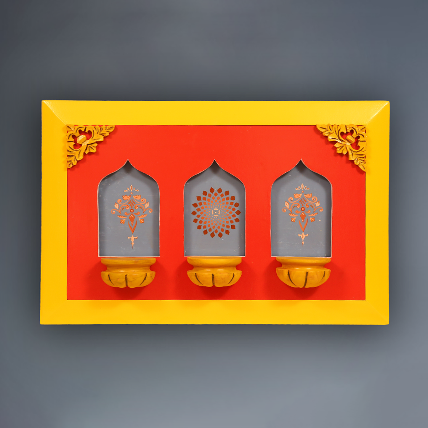 Brass Idols of Sarasvati, Ganesh, and Lakshmi with Stunning Wooden Frame Background Painting