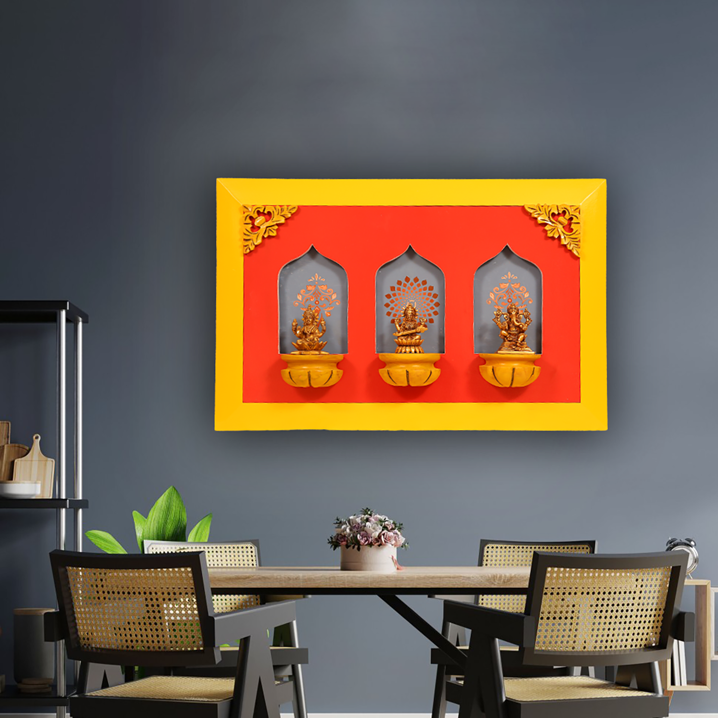 Brass Idols of Sarasvati, Ganesh, and Lakshmi with Stunning Wooden Frame Background Painting
