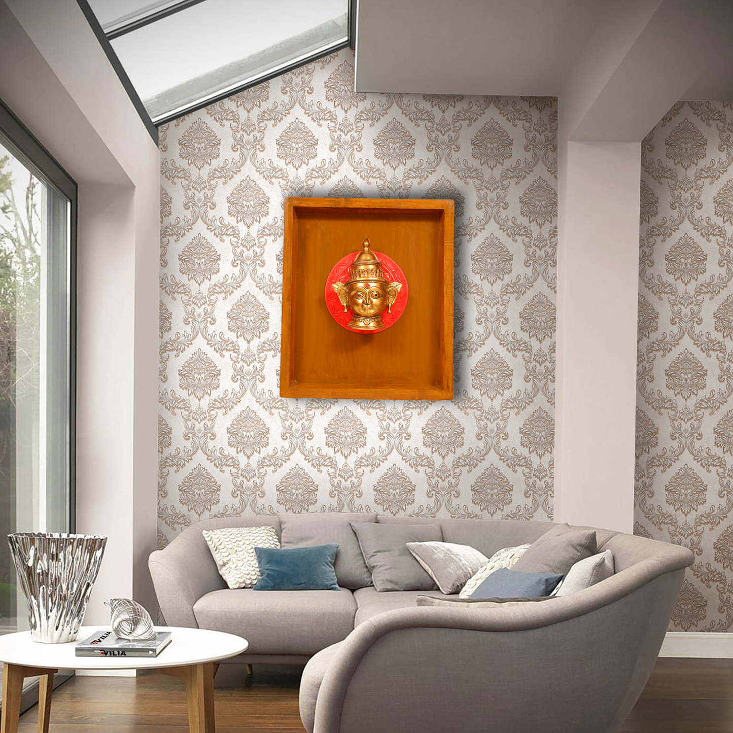 Brass Gauri Mukhalingam Encased in a Wooden Frame