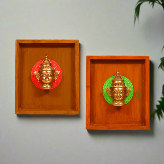 Handcrafted Antique Brass Shiva and Gauri Mukhalingam in Wooden Frame placed on Beautifully Carved Wood