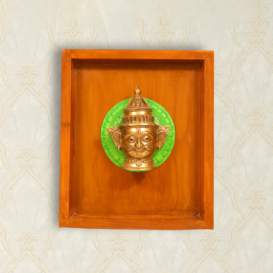 Handcrafted Antique Brass Shiva Mukhalingam in Wooden Frame, Resting on Beautifully Carved Wood
