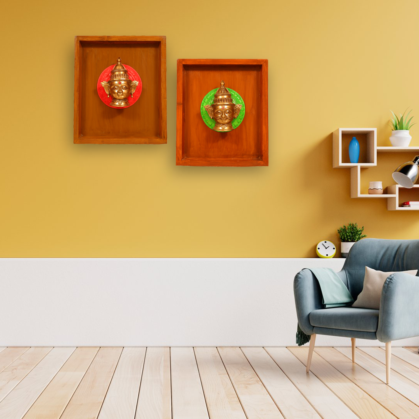 Handcrafted Antique Brass Shiva and Gauri Mukhalingam in Wooden Frame placed on Beautifully Carved Wood