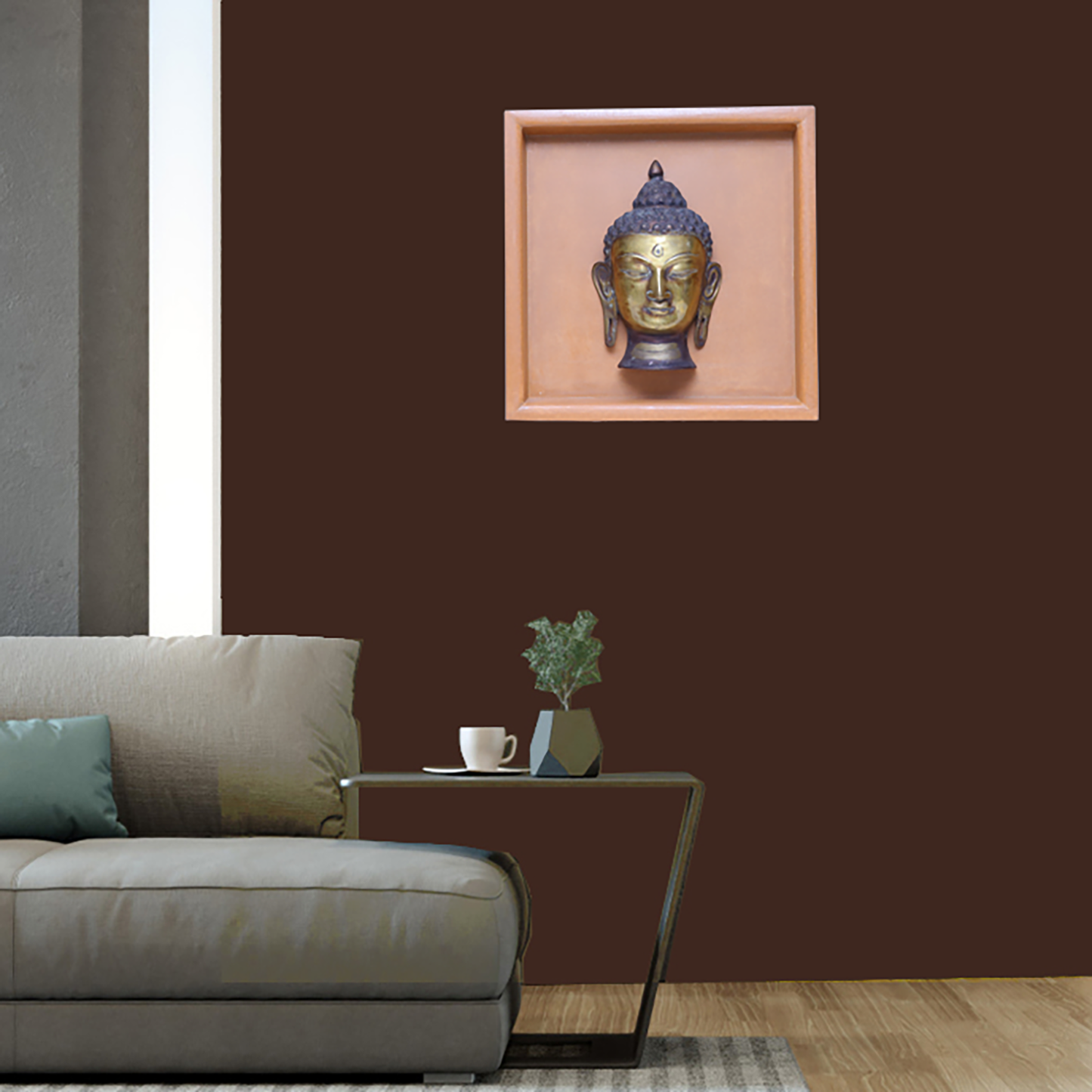 Handcrafted Wooden Frame with Brass Buddha Face