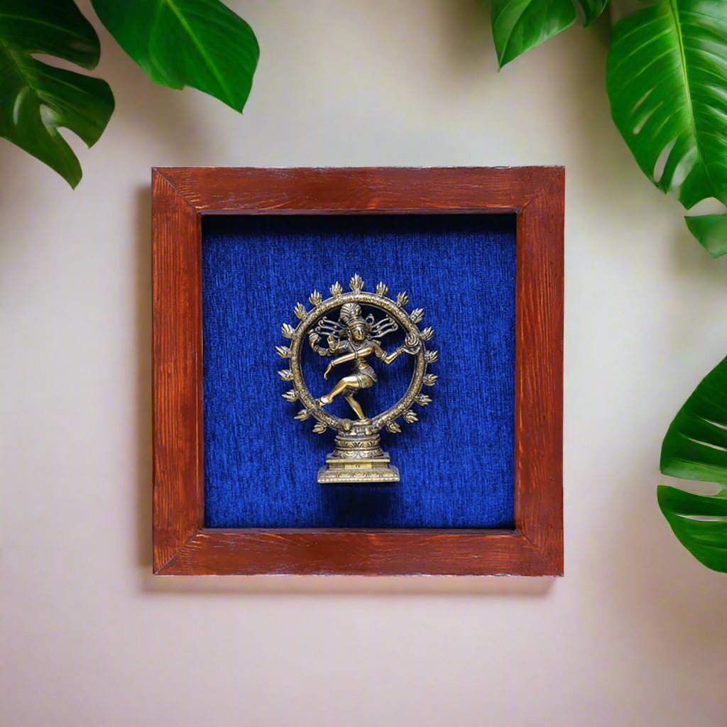 Brass Nataraja in Wooden Frame with Blue Background
