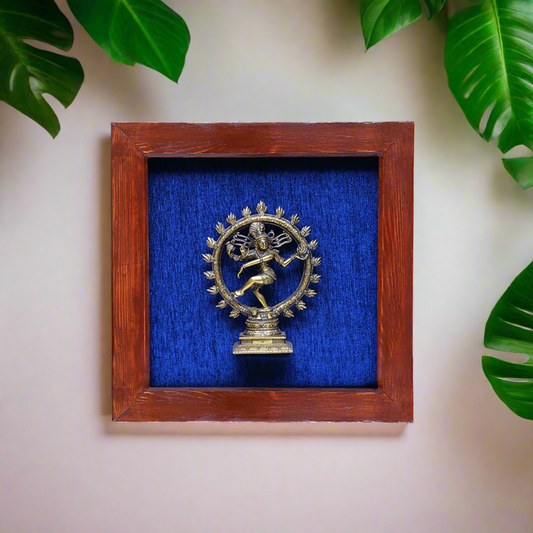 Brass Nataraja in Wooden Frame with Blue Background