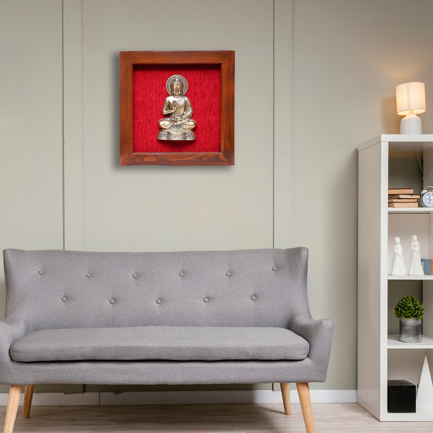 Brass Gautam Buddha in Wooden Frame with Red Background